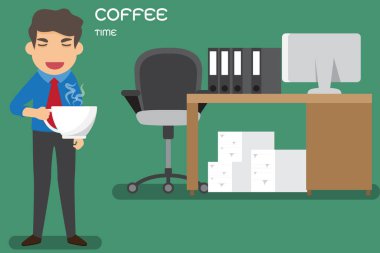 Çizgi film işadamı uykusuzluk ve ihtiyaç yüzünden kahve içer. 