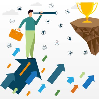 Yukarı. İşadamı dürbün kullanırken vizyon da ayakta o