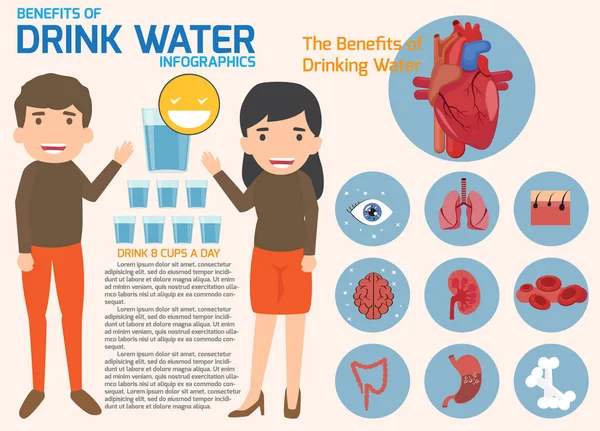 Personas que beben agua y beneficios de las infografías del agua de bebida v — Vector de stock