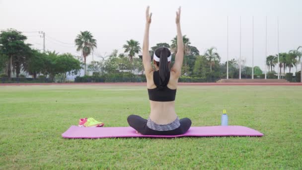 Asya Kadın Parkta Esneme Egzersizleri Yapıp Doğanın Temiz Havanın Fiziksel — Stok video