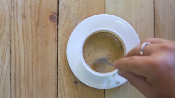 Top View Person Hand Steering Coffee Cup Spoon Breakfast Morning — Video Stock