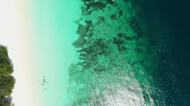 Aerial view okyanus dalgaları, sahil ve kayalık sahil şeridi ve güzel ormanın ikinci filmi. Myanmar Adası, Myanmar 'ın güneyindeki tropikal deniz ve adalar. Güzel turistik yerler.