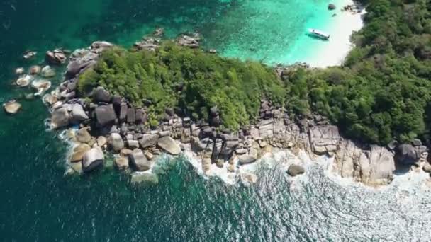 Aerial View Okyanus Dalgaları Sahil Kayalık Sahil Şeridi Güzel Ormanın — Stok video