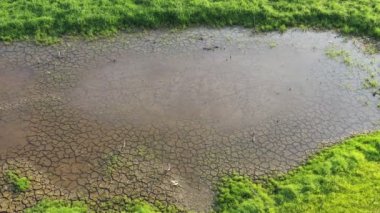 İklim değişikliği konseptinin hava görüntüsü B rulosu. Kuru göl ve iklim değişikliği üzerinde uçan sinek dronu. Nehrin kuraklığına küresel ısınma neden oldu. Kamera B, 4k sahnesi..