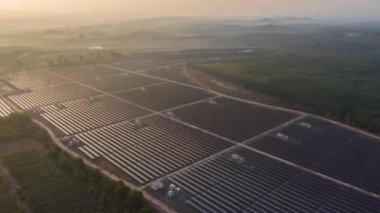 Hava Görüntüsü 'nün B Roll' u. İHA Hipoplapse Timelapse Güneş Hücresi Çiftliği. Gün doğumunda. Güneş enerjisi santralleri ağır çekim hareket eden sisli sise sahiptir ve güneş ışığı güneş pilinde parlar. B kaydı sahnesi.
