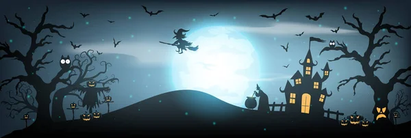 Feliz Fundo Halloween Com Fantasma Abóbora Casa Assombrada Com Lua —  Vetores de Stock