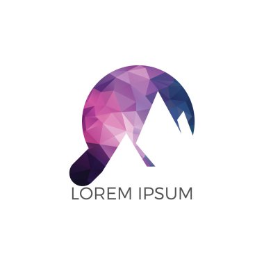 Büyüteç ve dağ logo tasarımı. Doğa ve simge veya simge büyütme. Benzersiz hill ve arama logo tasarım şablonu.
