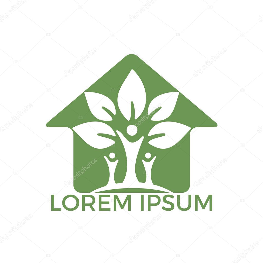 Family tree house logo design. Family health clinic logo design template. Family tree and house logo and plant, family care symbol icon design vector.