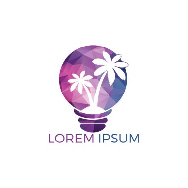 Palmiye ağaçları ve ampul vektör logo tasarımı. Ada ve plaj logosu tasarımı. Yenilikçi Yaz tatilleri ve seyahat logosu konsepti.