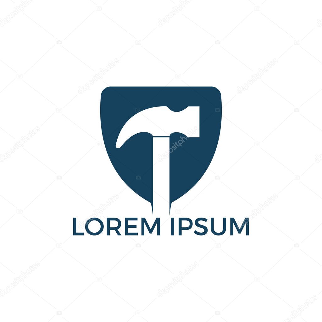 Hammer With Shield Logo Design. Hammer Protection Logo Design Template. Renovation or repairment vector logo design concept.