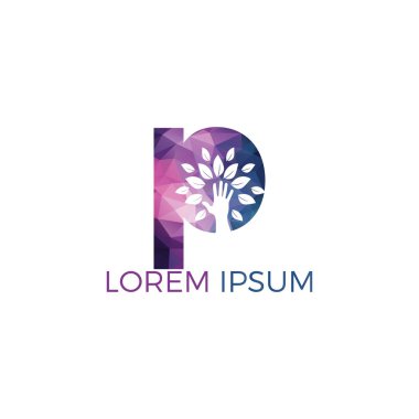 Mektup P ve el ağacı logo tasarımı. Doğal ürünler logosu. Kozmetik simgesi. Spa logosu. Güzellik salonu veya yoga logosu. 
