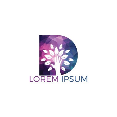 D harfi ve el ağacı logo tasarımı. Doğal ürünler logosu. Kozmetik simgesi. Spa logosu. Güzellik salonu veya yoga logosu. 