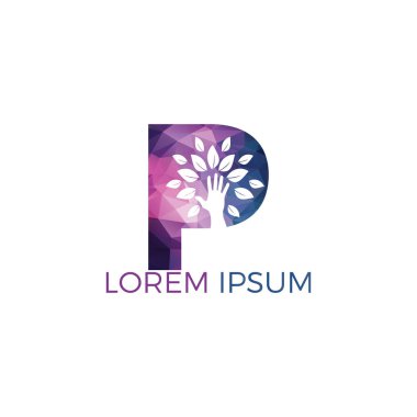 Mektup P ve el ağacı logo tasarımı. Doğal ürünler logosu. Kozmetik simgesi. Spa logosu. Güzellik salonu veya yoga logosu. 