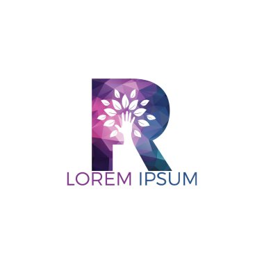R harfi ve el ağacı logo tasarımı. Doğal ürünler logosu. Kozmetik simgesi. Spa logosu. Güzellik salonu veya yoga logosu. 