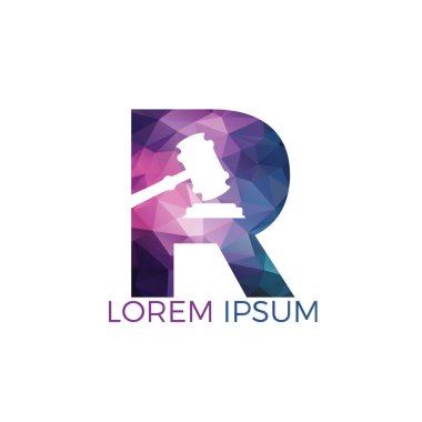 İlk harf R ve toklak simgesi logosu, Hammer yargıç simgesi vektör illüstrasyon. Hukuk firması logo tasarım ilham.