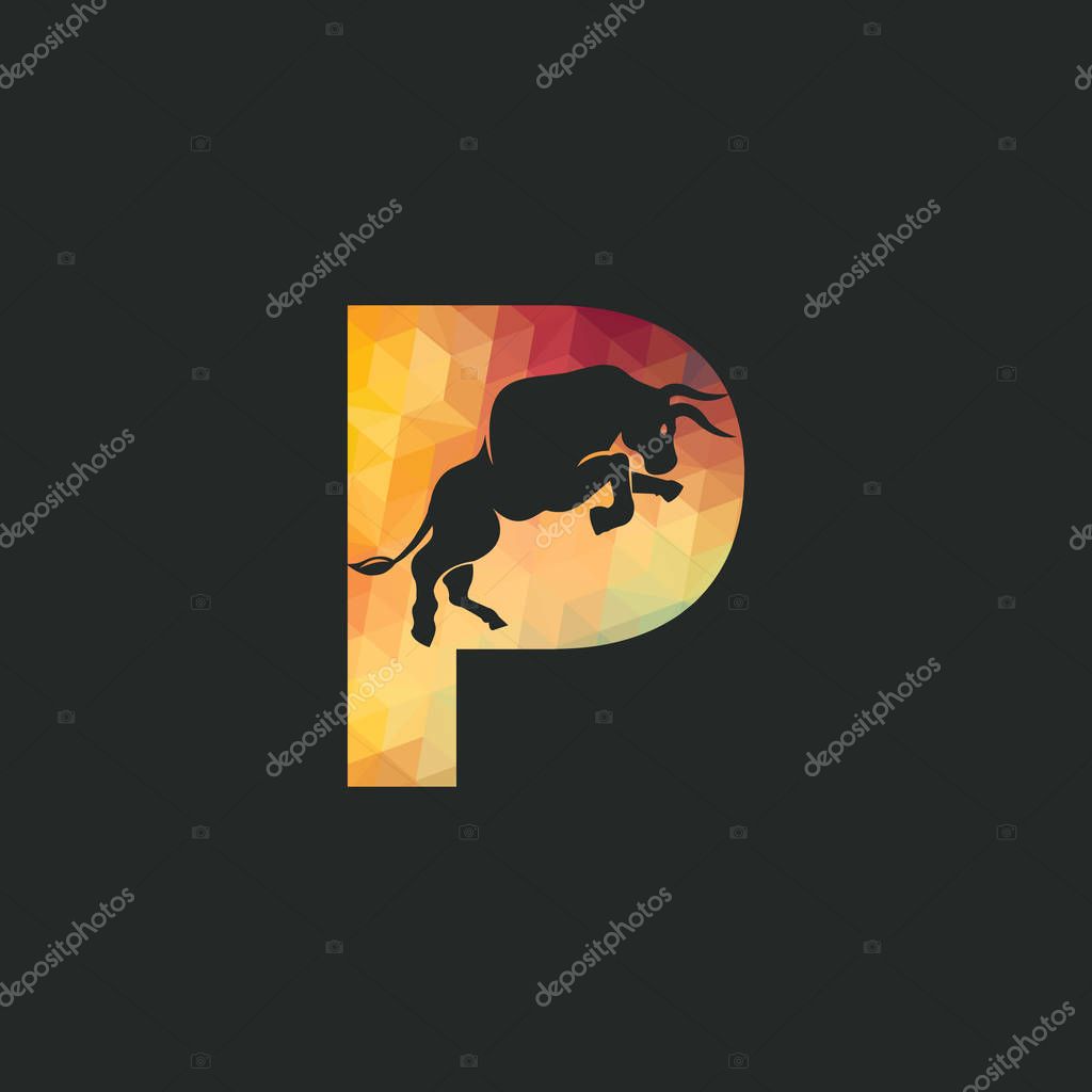 Bull letter P vector logo design. Simple animal letter P vector logo design template.