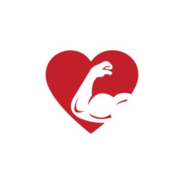 Spor salonu sevgilisi vektör logo tasarımı. Pazı ve kalp simgesi logosu. Fitness vektör logo tasarım şablonu. Kaslı bir kol görüntüsü ile logo şablonu.