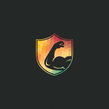 Güç spor salonu vektör logo tasarımı. Fitness vektör logo tasarım şablonu. Kaslı bir kol görüntüsü ile logo şablonu.