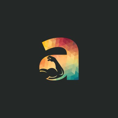 Kaslı kol ve harf A vektör logo tasarımı. Fitness vektör logo tasarım şablonu. Kaslı bir kol görüntüsü ile logo şablonu.