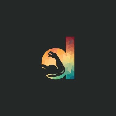 Kaslı kol ve D harfi vektör logo tasarımı. Fitness vektör logo tasarım şablonu. Kaslı bir kol görüntüsü ile logo şablonu.