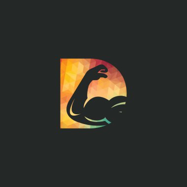 Kaslı kol ve D harfi vektör logo tasarımı. Fitness vektör logo tasarım şablonu. Kaslı bir kol görüntüsü ile logo şablonu.
