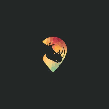 Gergedan ve harita işaretçisi logo tasarımı. Gergedan bulucu logo tasarımı. Hayvan yeri simgesi.