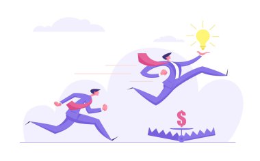 İş Risk Yönetimi yaratıcı bir fikir kavramı tuzak atlama çalışan işadamı ile. İş karakter Challenge ampul ile. Düz vektör karikatür çizim