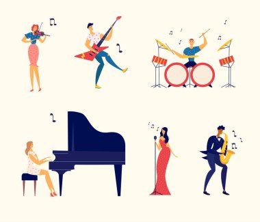 Müzisyenler karakterleri ayarlayın. Caz Rock müzik grubu Festivali. Kadın piyano, saksofon, bateri, gitar, müzik aletleri dostum. Düz vektör karikatür çizim