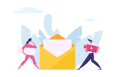 E-posta dijital pazarlama Online iletişim kavramı. İş karakterlerle Video ve metin gönderme iletinin zarf içinde içerik. Vektör karikatür çizim