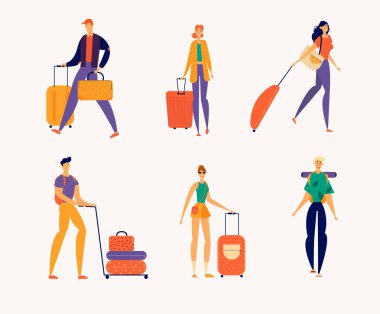 İnsanların karakterleri Bagaj ile seyahat. Adam ve kadın turist seyahat Bagaj ile. Turizm tatil kavramı. Sırt çantası ile erkek kadın karakter. Vektör karikatür çizim