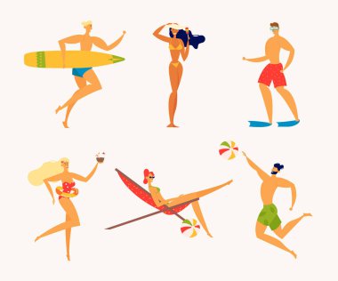 Mutlu insanlar sahilde. Yaz deniz tatil yaz tatil kavramı erkek ve kadın karakter ile Yüzme, sakin ol, kokteyl, sörf. Vektör karikatür çizim