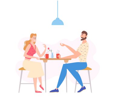 Çift Cafe uzanan sevgi dolu. Erkek ve kadın karakter kafeterya masada kahve içme. Mutlu erkek ve dişi insanlar çay ile bir tarih. Vektör karikatür çizim