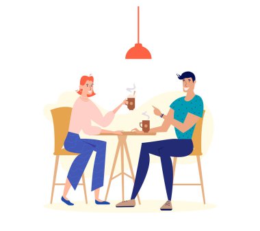 Çift Cafe uzanan sevgi dolu. Erkek ve kadın karakter kafeterya masada kahve içme. Mutlu erkek ve dişi insanlar üzerinde bir öğle yemeği bardak çay ile bölünürler. Vektör karikatür çizim