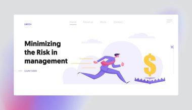 İş Risk Yönetimi kavramı ile açgözlü işadamı karakter para için doğrudan tuzak ayı peşinde. Web sitesi için umutsuz adam ile banner, Web sayfası. Düz vektör çizim