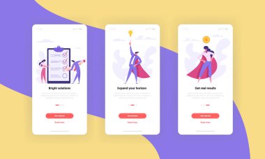İş motivasyon kavramı mobil App sayfa ekran ayarlayın. Süper kahraman insanlar karakterler, gurur kadın ve fikri için Web sitesi denetim listesi pano ile adam veya Web sayfası. Düz çizgi film vektör çizim