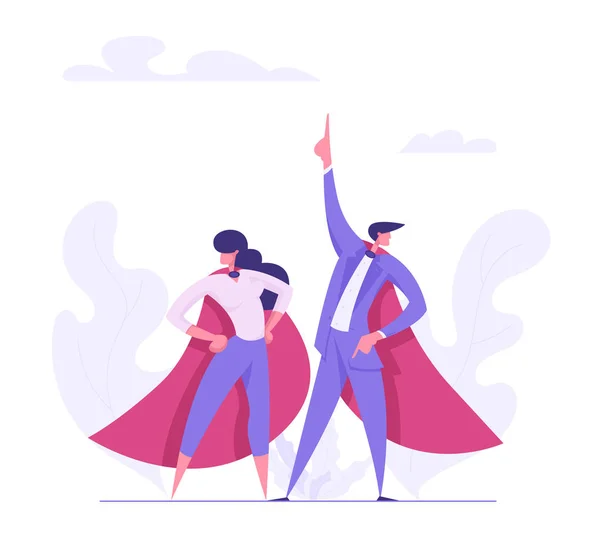 Super héros homme d'affaires et femmes d'affaires personnages dans Red Cape. Leadership Teamwork, Career Growth, Goal Achievement Concept. Illustration de dessin animé vectoriel plat — Image vectorielle