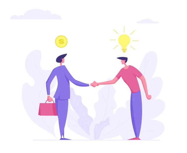 Two Businessman Handshaking. Business Agreement, Partnership Cooperation Concept. Business Characters Shaking Hands Idea Selling for Money. Flat Vector Cartoon Illustration