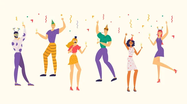 Boldog karakterek ünnepli a párt. Vidám emberek, szórakozás és pirítós. Férfi és a nő a pezsgőt a születésnapi partiján. Lapos vektor rajzfilm illusztráció — Stock Vector
