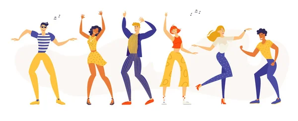 Happy Dancing People Célébration à la fête. Personnages hommes et femmes s'amusent au Music Club. Les adolescents hommes et femmes dansent. Illustration de dessin animé vectoriel plat — Image vectorielle