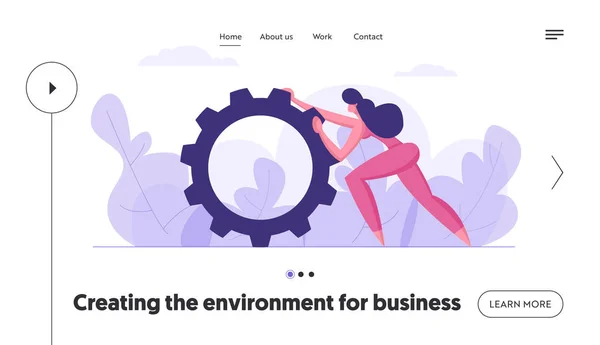 Business Team Spirit Solutions Concept with Businesswoman Character Empurrando o Cogwheel Gigante. Banner with Woman as Piece of Company Mechanism Graph for Website, Web Page (em inglês). Ilustração vetorial plana — Vetor de Stock