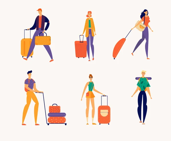 Personajes de personas viajeras con equipaje. Hombre y Mujer Turistas Viajan con Equipaje. Concepto de vacaciones turísticas. Personaje femenino masculino con mochila. Dibujos animados vectoriales ilustración — Archivo Imágenes Vectoriales