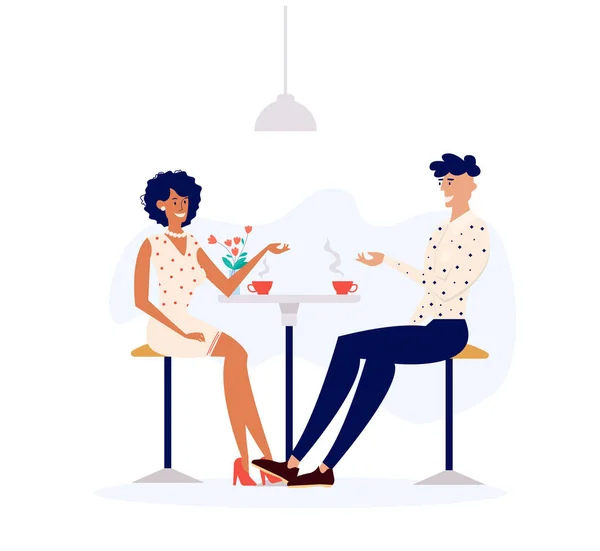 Casal amoroso Namoro no Café. Homem e Mulher Personagem Falando Bebendo Café na Mesa da Cafeteria. Happy Male and Female People em uma pausa para o almoço com uma xícara de chá. Ilustração dos desenhos animados vetoriais —  Vetores de Stock