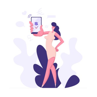 İş mobil Smartphone işleme ödemeler karakterle işkadını konseptiyle bankacılık. Modern kadın kablosuz para için Web sitesi aktarma ile banner, Web sayfası. Düz vektör çizim