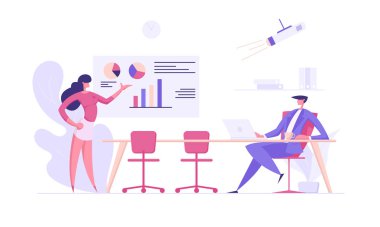 İş tanıtımı başarı kavramı ile erkek ve kadın Web sitesi, Web sayfası için kurşun adam seminer eğitim afiş grafikleri açıklayan işkadını karakter ile. Düz vektör çizim