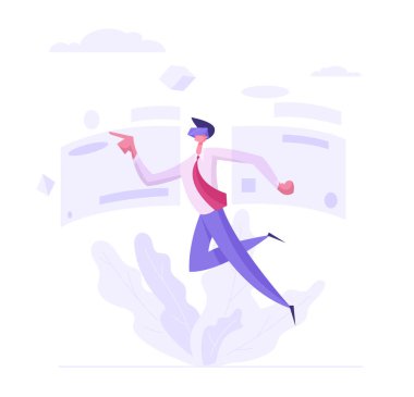 İş sanal gerçeklik yenilik kavramı ile 3d gözlük takan uçan işadamı karakter. Yaratıcı Banner Web sitesi, Web sayfası için Modern teknoloji adamla. Düz vektör çizim