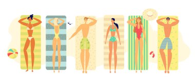 Mutlu yaz yaşam tarzı kavramı Beach halı üzerinde güneşlenme insanlar karakterlerle rahatla. Üstten Görünüm tatil için kadın ve erkek yalan. Düz vektör çizim 