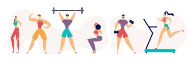 Fitness Spor salonu sağlıklı yaşam konsepti ile atletik insanlar karakterler Fitness Ekipmanları kullanarak. Spor afiş jimnastik egzersiz Sit-up, çalışma egzersizleri ayarlayın. Düz vektör çizim