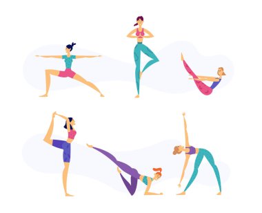 Kadın Yoga sağlıklı yaşam konsepti ile kadın karakter Yoga çeşitli teşkil etmektedir. Asanalar hareketleri grafik sınıflar Web sitesi, Studio Web sayfası için pratik afiş kız ayarla. Düz vektör çizim