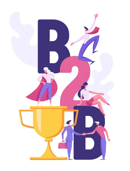 B2B, Business to Business Concept Banner. Taça de ouro com personagens de pessoas de negócios e super-herói para o site, Landing Page, Apresentação, Folheto, Cartaz. Desenhos animados plano Vector Ilustração — Vetor de Stock