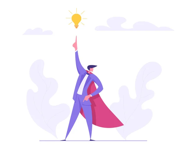 Concept de réussite commerciale créative avec personnage Superhero Man. Bannière avec l'homme d'affaires pointant sur le graphique d'ampoule d'idée pour le site Web, la page Web ou la présentation d'affiche. Illustration vectorielle plate — Image vectorielle